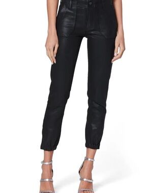 PAIGE Mayslie Black Coated Denim Utility Jogger Pants 28 Zipper Ankle Minimalist